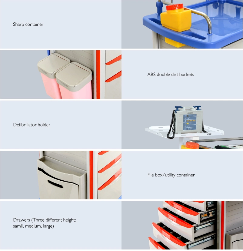 Skr054-Et ABS Hospital Medical Emergency Medicine Nursing Treatment Trolley Equipment with Drawers